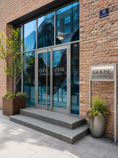 Eingang Eventlocation Frankfurt GOOSE Eventspace - Kleyerstraße 15, Frankfurt-Gallus